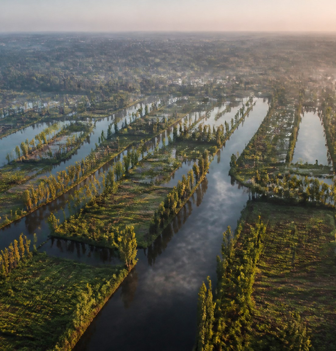 Aerial view of chinampas and canals at sunrise