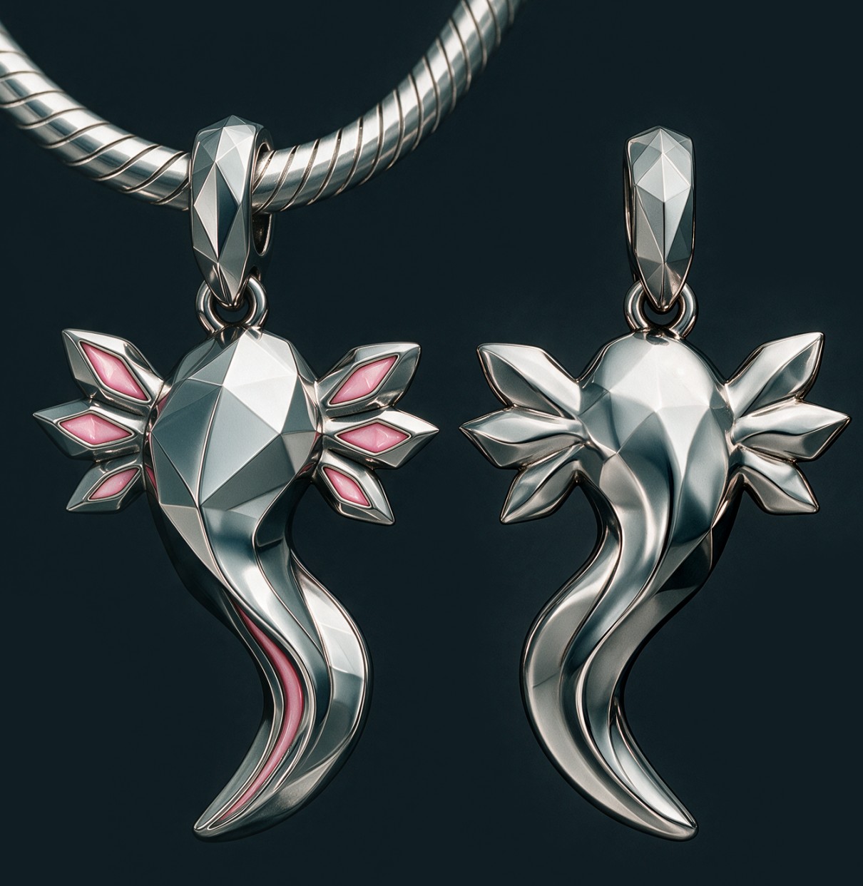 The charm from the front on a chain, next to its back